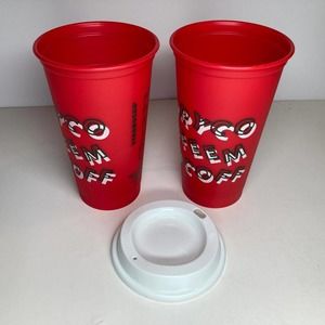 2 Starbucks Reusable Red Tumbler Christmas Holiday Coffee/Tea - 2 Cups, 1 Lid